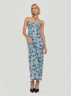 side view of model wearing Princess Polly Ravia Maxi Dress Blue / Floral Square Neck 