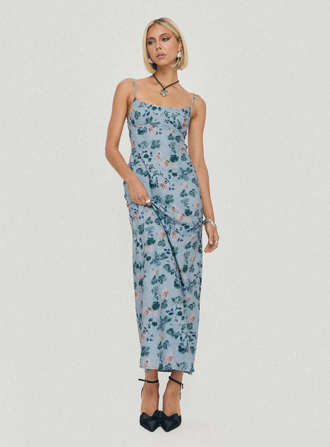 side view of model wearing Princess Polly Ravia Maxi Dress Blue / Floral Square Neck 
