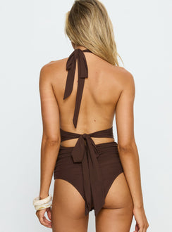 back view of model wearing Princess Polly Cosmic Crush Ruched Halter Bodysuit Brown Sleeveless 