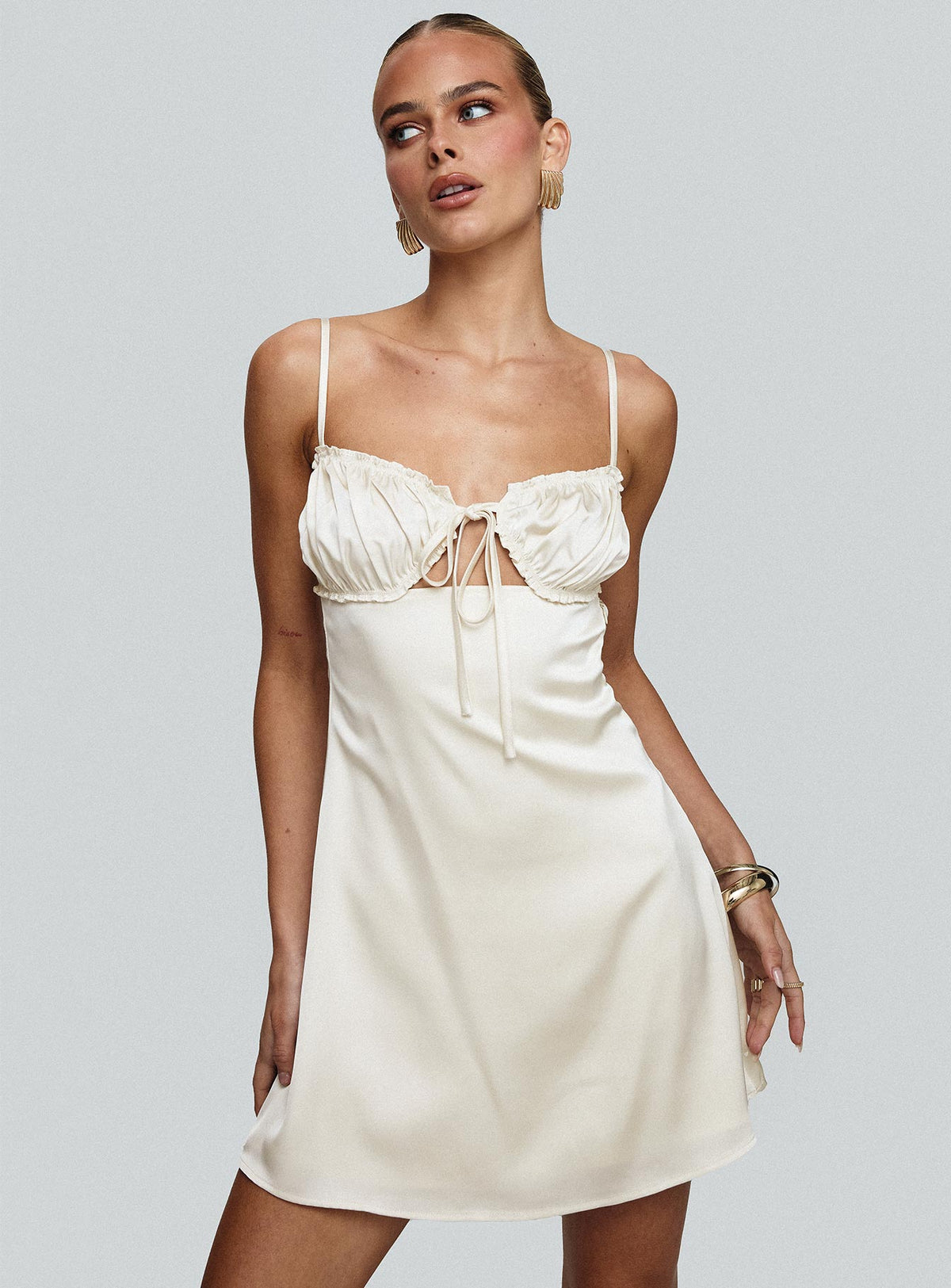 front view of model wearing Princess Polly Decipher Satin Mini Dress Ivory Sweetheart Neckline 