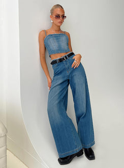 front view of model wearing Princess Polly Vihaan Top Blue Wash Sleeveless Square Neck 