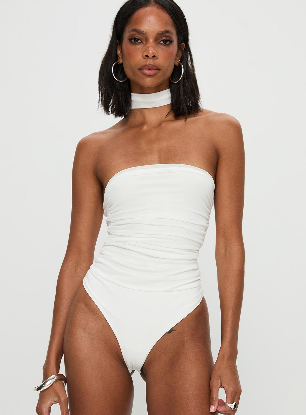 front view of model wearing Princess Polly Sorelle Scarf Bodysuit White Sleeveless 