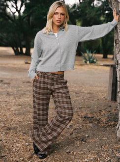 front view of model wearing Princess Polly Emiroki Straight Leg Pants Brown Check Mid Rise Pants 