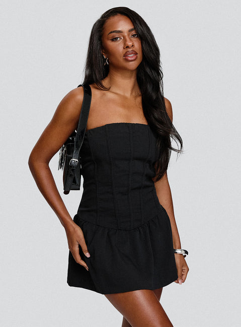 front view of model wearing Princess Polly Elizar Strapless Mini Dress Black Straight Neck 