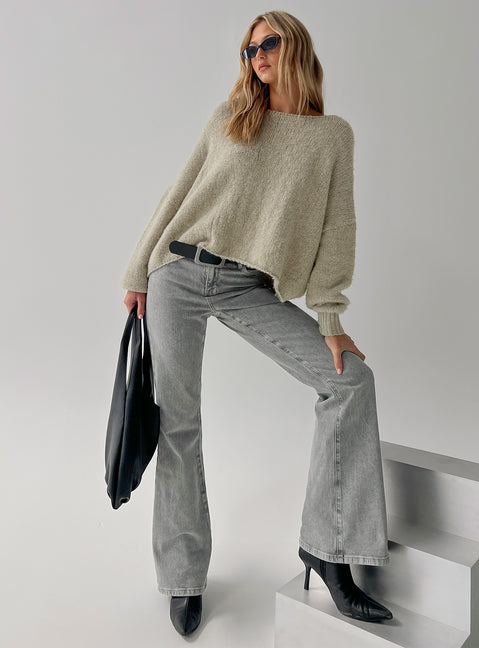 side view of model wearing Princess Polly Magic Mirror Mid Rise Bootleg Jeans Washed Grey Mid Rise Jeans Jeans 