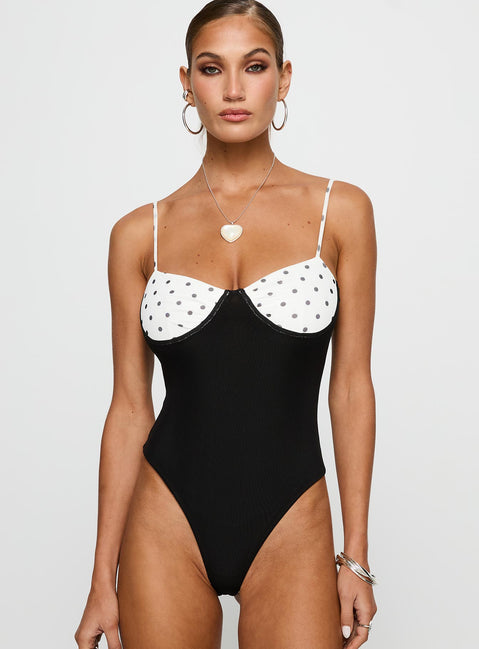 front view of model wearing Princess Polly Evette Bodysuit Black / White Sleeveless 
