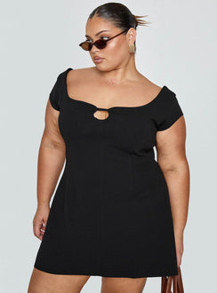 side view of model wearing Princess Polly Sylvette Mini Dress Black Curve Scoop Neck 