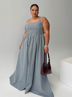 back view of model wearing Princess Polly Cartmel Check Maxi Dress Navy Curve Square Neck 