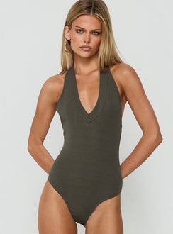 Featuring sleeveless construction, the Juliannea V Neck Halter Bodysuit in Charcoal womens-bodysuit offers modern appeal front view of model wearing