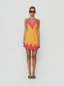 Call My Lover Lace Slip Mini Dress Gold / Fuchsia