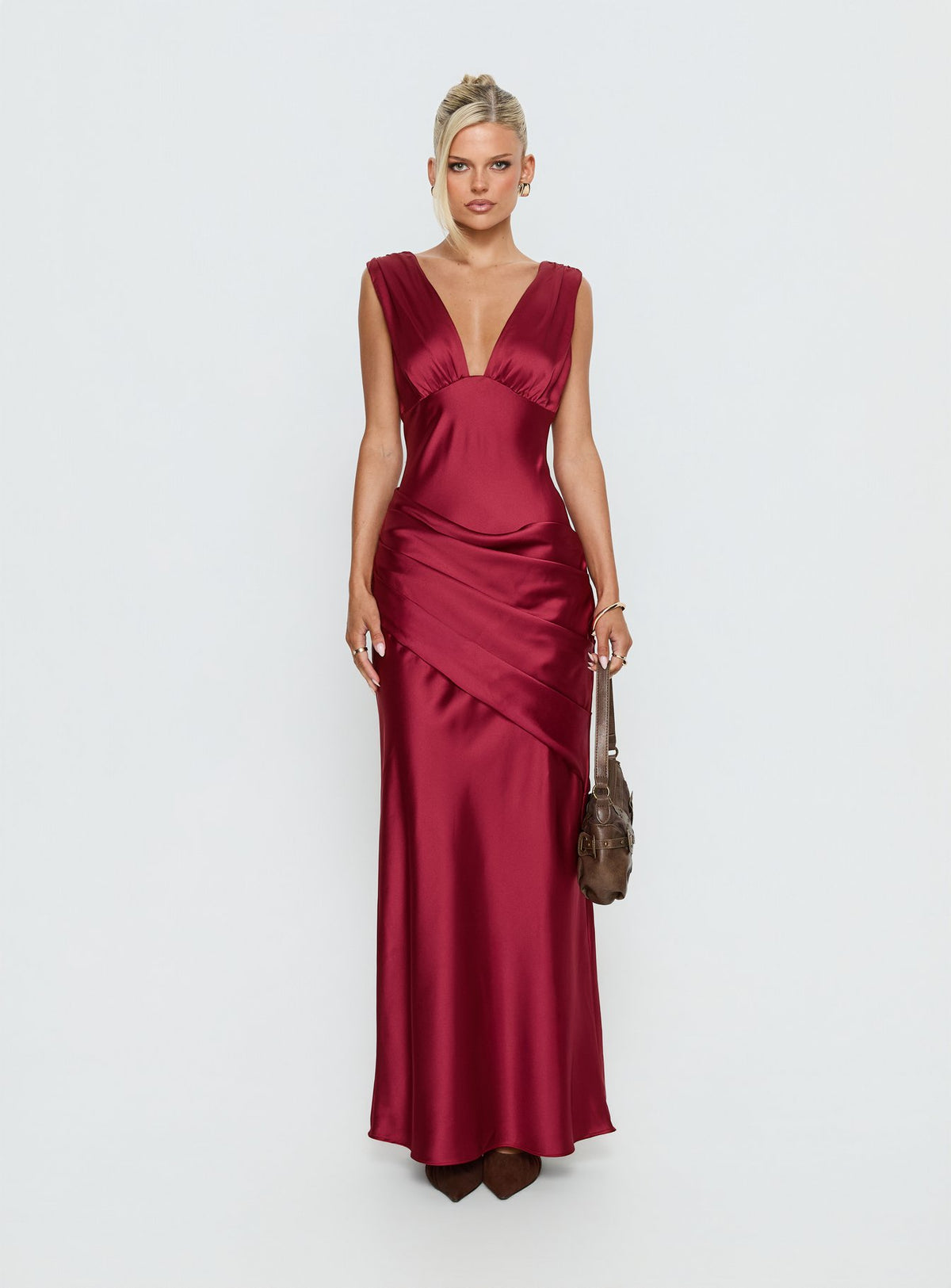 False Alarm Plunge Asymmetrical Pleat Maxi Dress Red