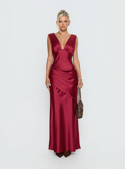 False Alarm Plunge Asymmetrical Pleat Maxi Dress Red