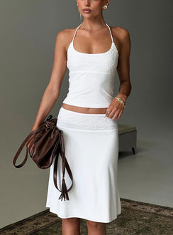 Showcasing the Zenaide Lace Detail Midi Skirt White womens-skirts with midi length front view of model wearing Princess Polly