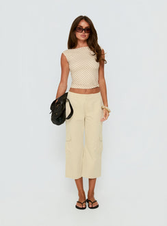 front view of model wearing Princess Polly Indee Cropped Cargo Pants Beige Mid Rise Pants Pants 