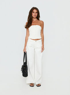 front view of model wearing Princess Polly Supercut Low Rise Baggy Pleat Jeans Cream Mid Rise Jeans Jeans 