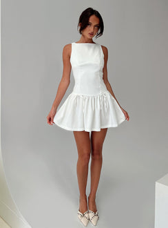 back view of model wearing Princess Polly Milienne Mini Dress White Crew Neck 