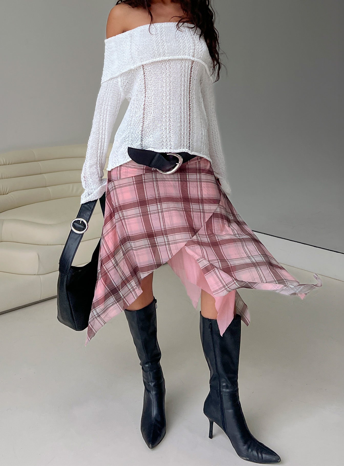   front view of model wearing Princess Polly Anali Asymmetrical Midi Skirt Pink / Multi Check Midi Skirts Skirts 