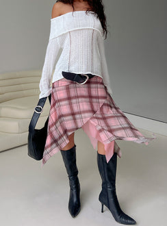  front view of model wearing Princess Polly Anali Asymmetrical Midi Skirt Pink / Multi Check Midi Skirts Skirts 
