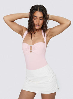 front view of model wearing Princess Polly Swaying Buckle Detail Bodysuit Pink Sleeveless 