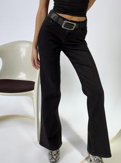 back view of model wearing Princess Polly Magic Mirror Mid Rise Bootleg Jeans Washed Black Mid Rise Jeans 