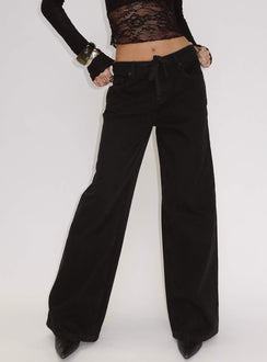 back view of model wearing Princess Polly Mellowed Out Low Rise Straight Leg Jeans Washed Black Low Rise Jeans 