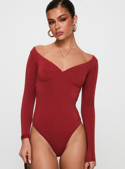 front view of model wearing Princess Polly Loveydove Bodysuit Burgundy Long Sleeve Tops 