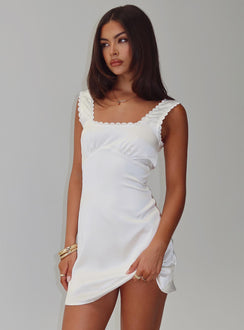 back view of model wearing Princess Polly Dasha Satin Mini Dress White Square Neck 