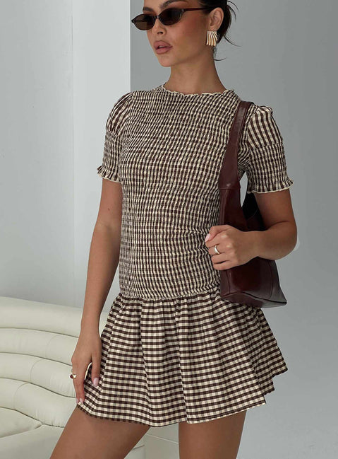 Laurita Shirred Mini Dress Brown Check Tall