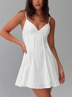 front view of model wearing Princess Polly Libertie Pleat Mini Dress White V-Neck 