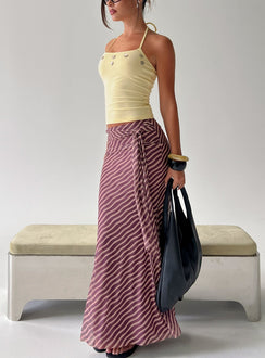   front view of model wearing Princess Polly Caviar Tie Maxi Skirt Brown Stripe Maxi Skirts 