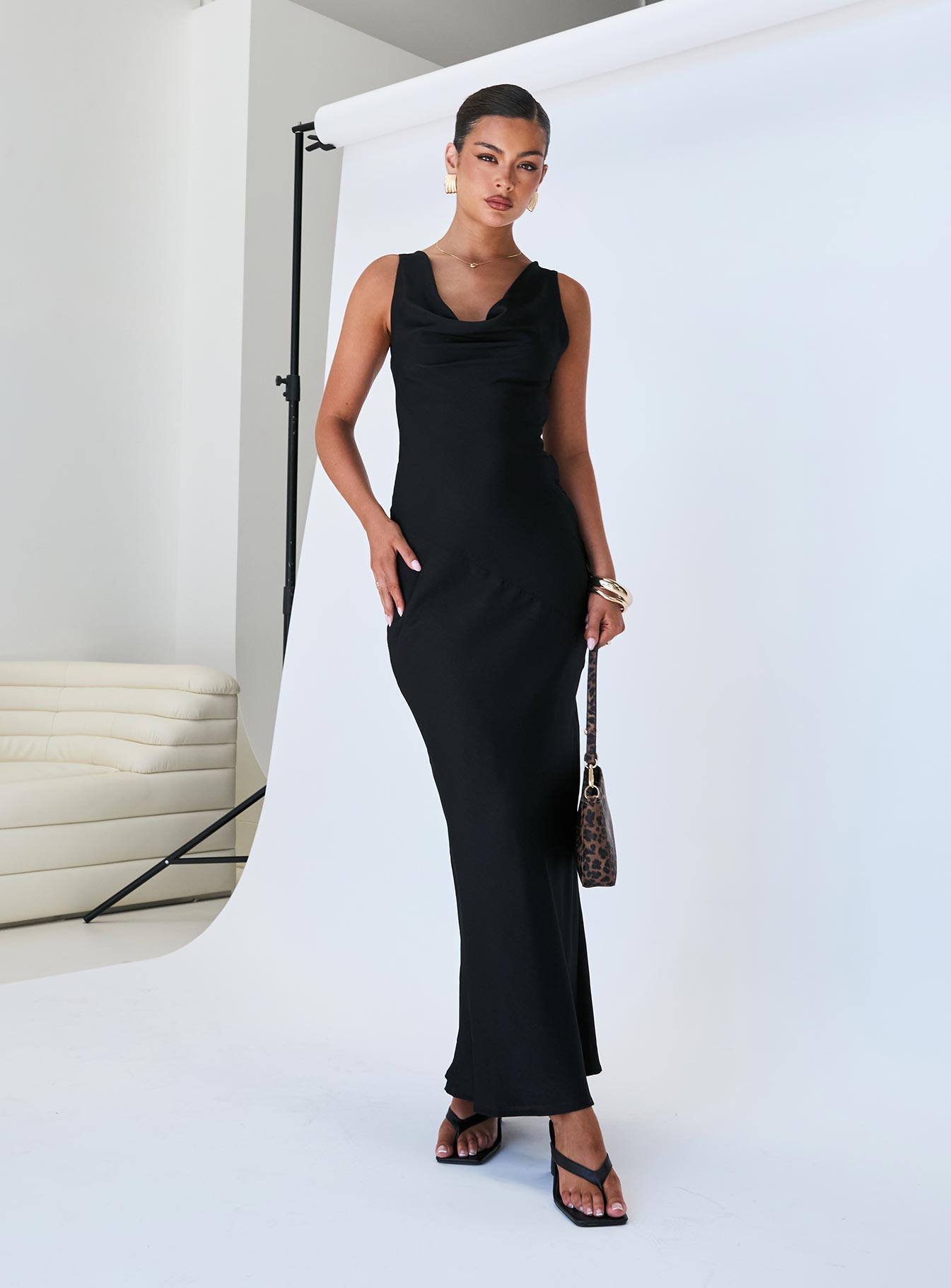 back view of model wearing Princess Polly Make Memories Cowl Neck Maxi Dress Black Cowl Neck 