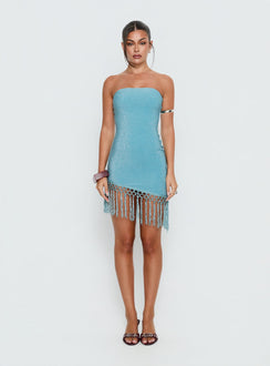 Keyana Strapless Tassel Mini Dress Blue Shimmer