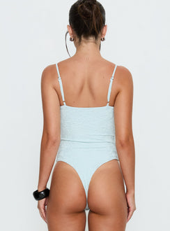 back view of model wearing Princess Polly Alorah Textured Bodysuit Blue Sleeveless 