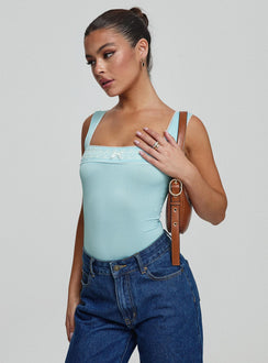 front view of model wearing Princess Polly Keating Bodysuit Baby Blue Sleeveless Square Neck 