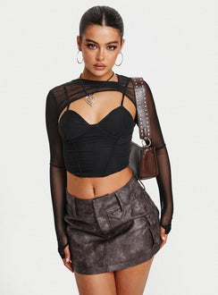  front view of model wearing Princess Polly Domenic Faux Leather Mini Skirt Washed Black Petite Mini Skirts 