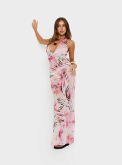   side view of model wearing Princess Polly Karzi Chiffon Maxi Skirt Pink Floral Maxi Skirts 