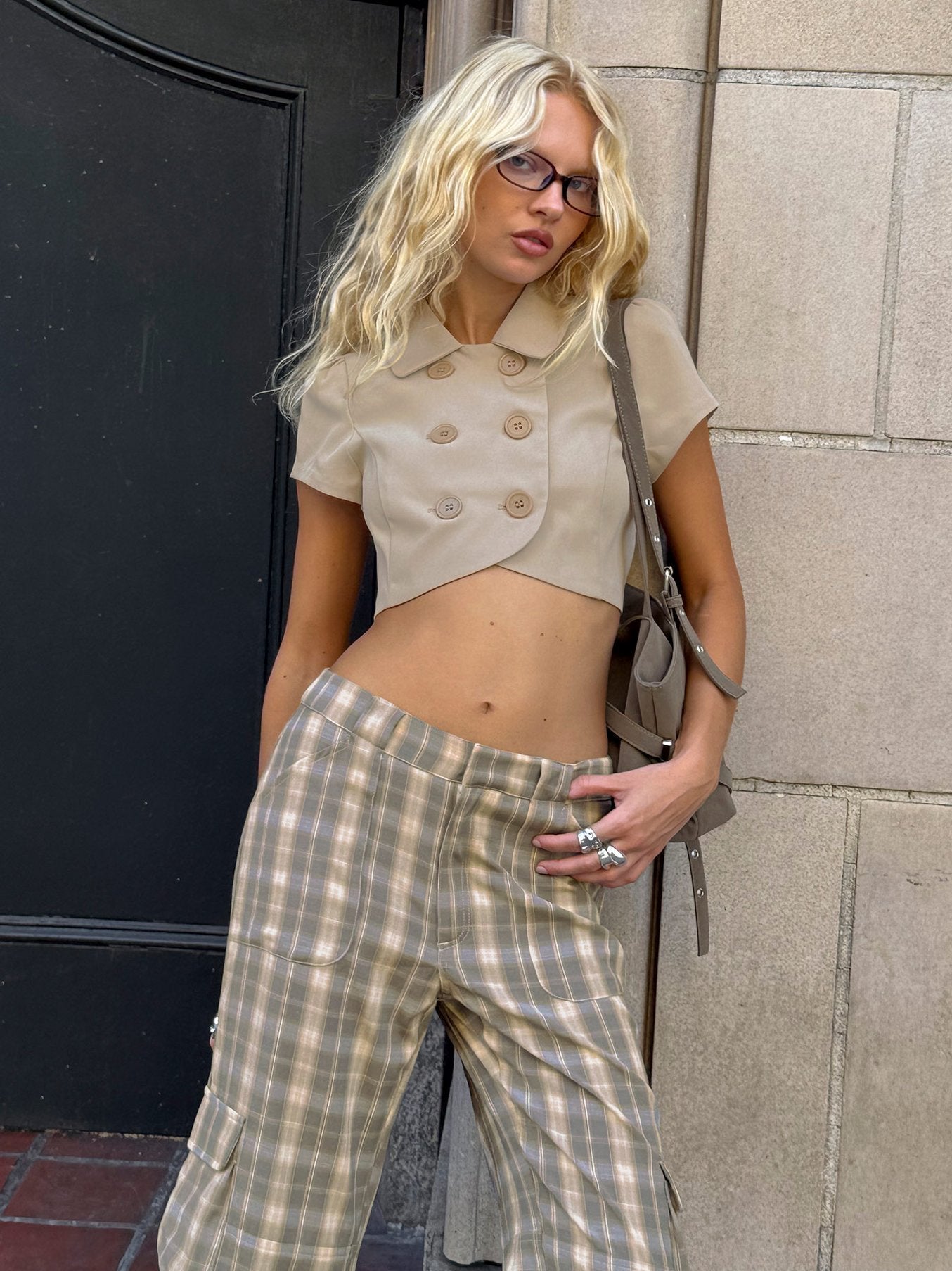 Kaidenn Double Breasted Micro Crop Top Taupe