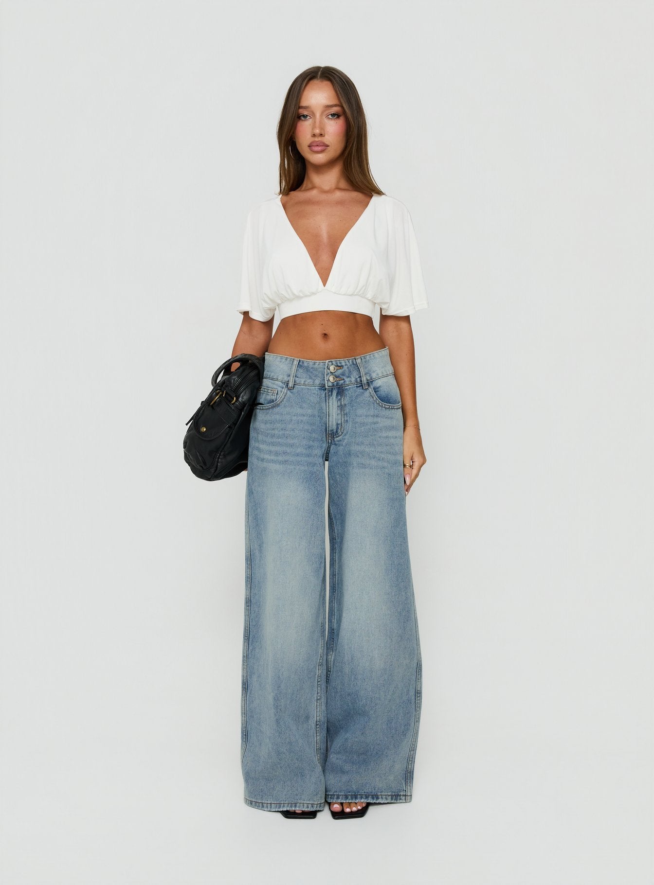Designed with Ramos Low Rise Double Button Wide Leg Jeans Light Vintage Blue in womens-jeans with low-rise product