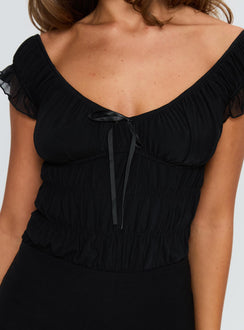 back view of model wearing Princess Polly Ahead Of Myself Off Shoulder Bodysuit Black Short Sleeves 