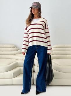 side view of model wearing Princess Polly Forte Knit Sweater Red / Cream Longline Jumpers Jumpers 