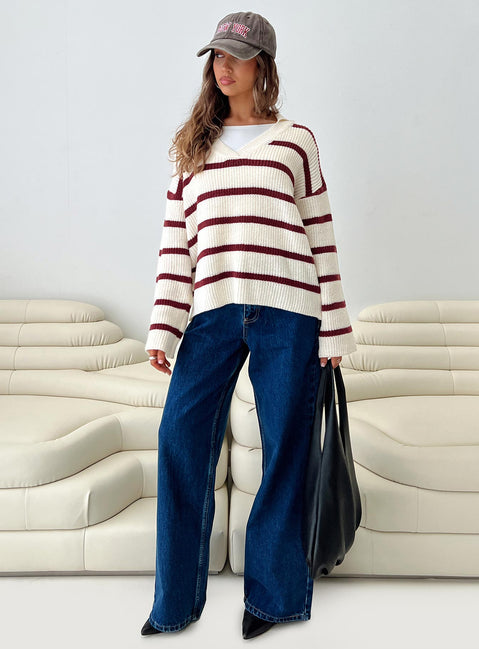side view of model wearing Princess Polly Forte Knit Sweater Red / Cream Longline Jumpers Jumpers 