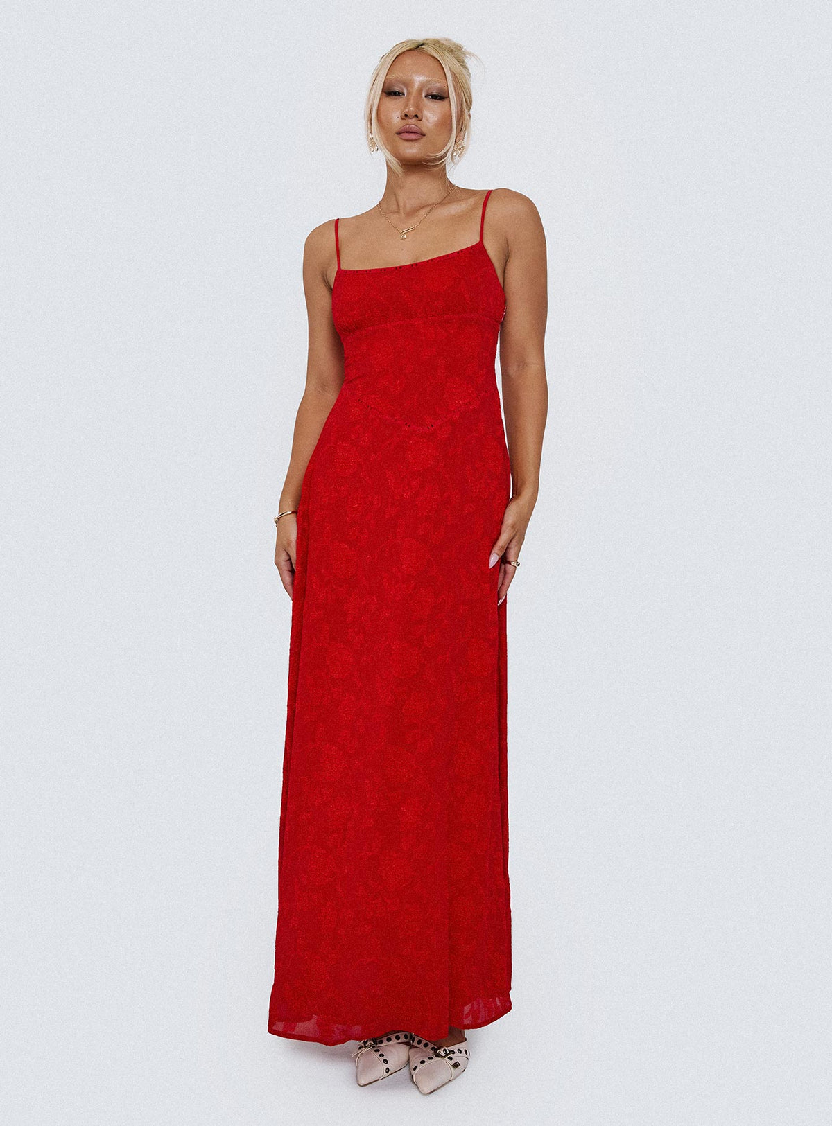 back view of model wearing Princess Polly South Of France Maxi Dress Red Scoop Neck 
