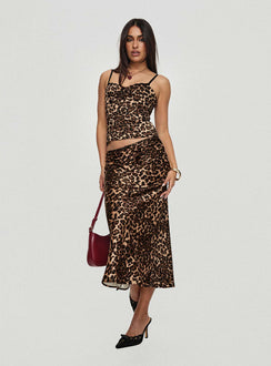 front view of model wearing Princess Polly Enigmatic Cami Top Leopard Sleeveless Sweetheart 