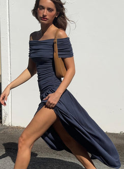 side view of model wearing Princess Polly Field Of Dreams Maxi Dress Navy Straight Neck 