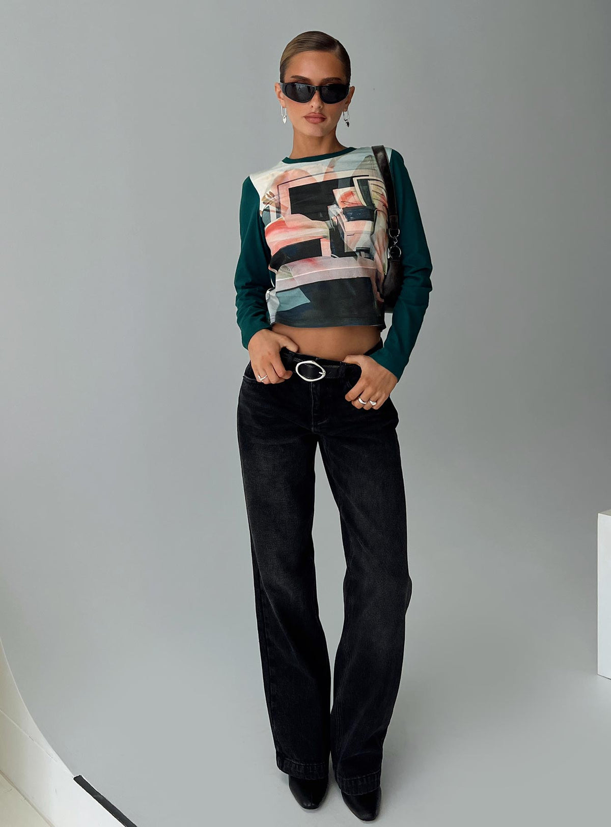 front view of model wearing Princess Polly Anelli Low Rise Straight Leg Jeans Washed Black Low Rise Jeans 