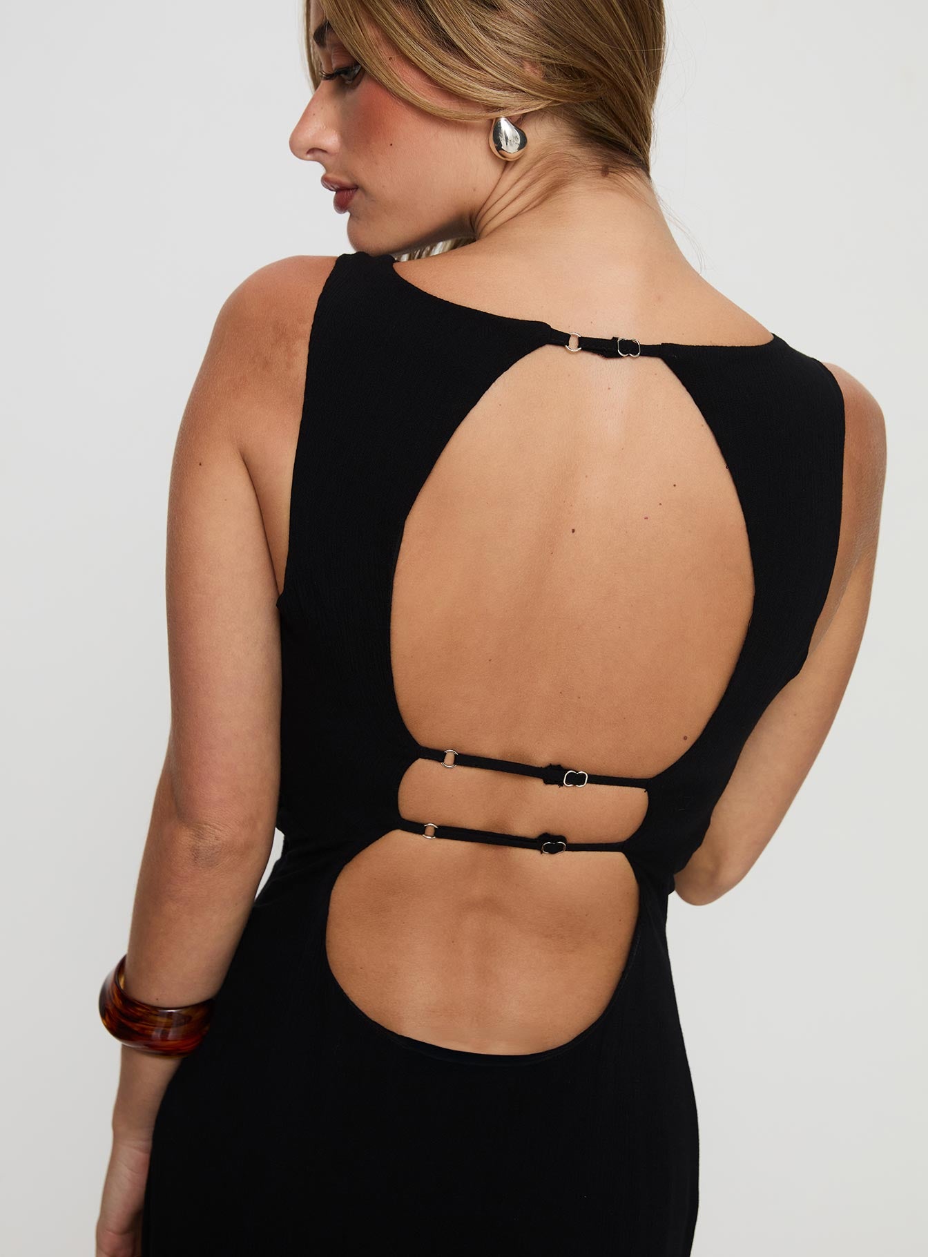 side view of model wearing Princess Polly Ace Of Hearts Backless Maxi Dress Black Scoop Neck 