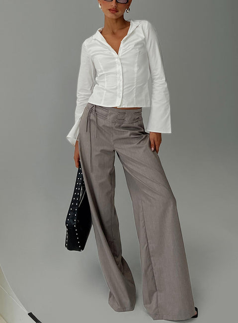front view of model wearing Princess Polly Just Have Fun Wide Leg Pant Grey Tall High Waisted Pants 