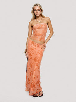 side view of model wearing Princess Polly Mikah Strapless Top Orange Sleeveless straight 