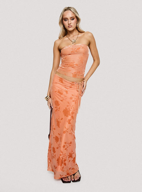 side view of model wearing Princess Polly Mikah Strapless Top Orange Sleeveless straight 