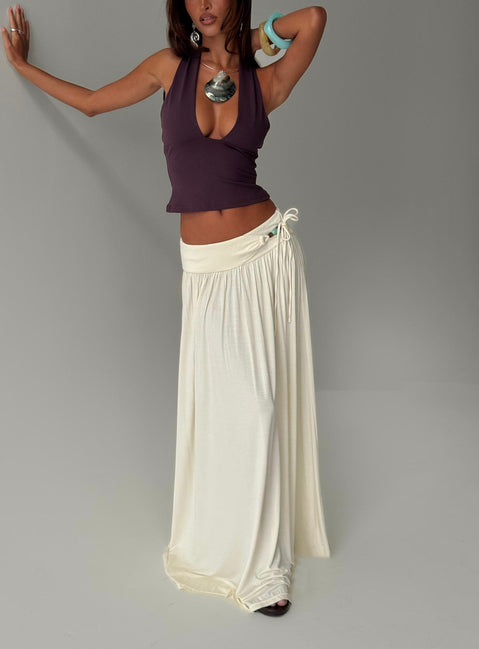   front view of model wearing Princess Polly Velvet Storm Tie Detail Flowy Maxi Skirt Cream Maxi Skirts 